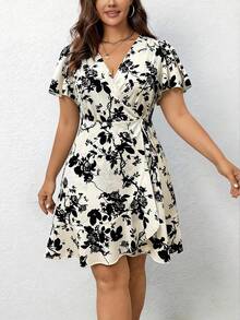 Breezaya Damen elegantes, lässiges Kleid mit Blume Muster, Kurzarm, V-Ausschnitt, Bindung in der Taille, Rüschensaum - Aprikosenfarben - Übersicht 5