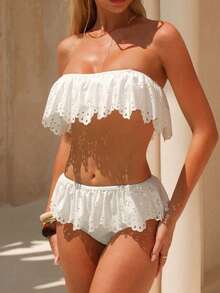 Swim Chiccia 2pcs Women's Swimsuit Set, Hollow Out Ruffle Trim White Shiny Bandeau Top And High Waist Bottoms, Elegant Bikini Swimwear - White - View 4