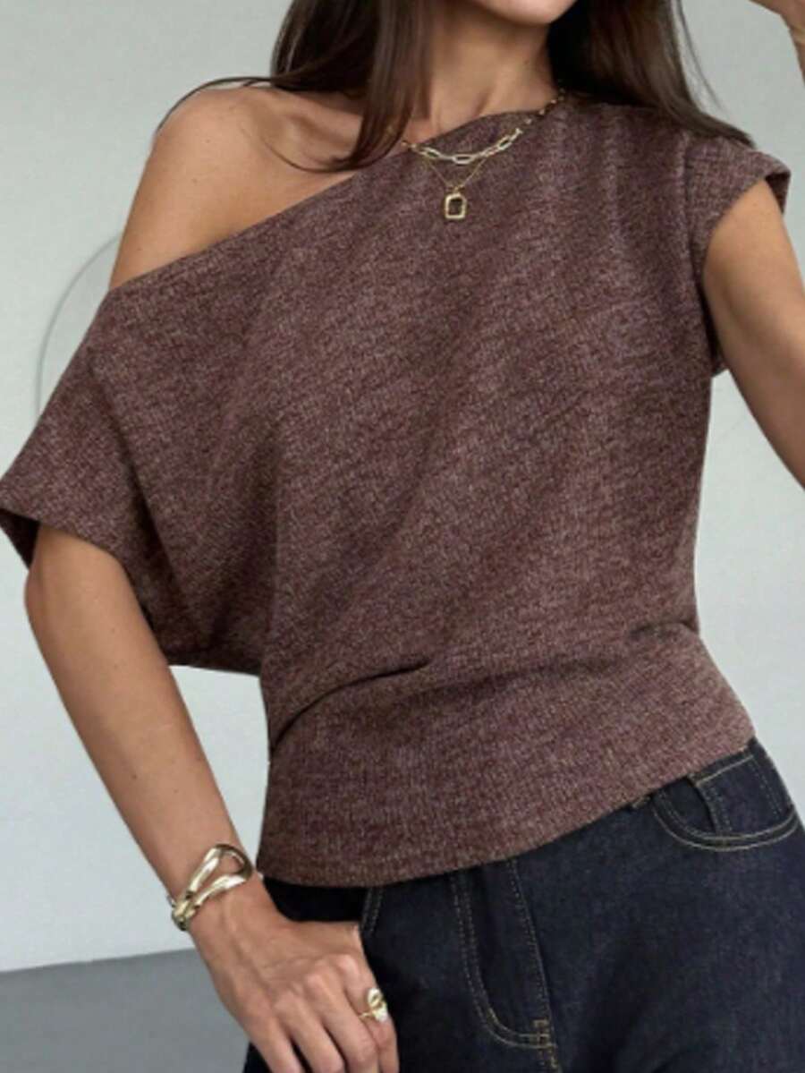 DAZY Women's Fashionable Casual Oblique Shoulder Knit T-Shirt - Brown - View 1