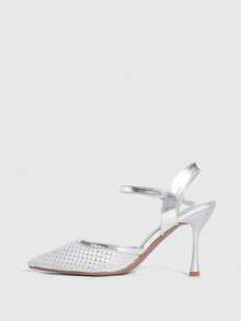 CUCCOO SZL Women's Pointed Toe Stilettos Silver Rhinestone Mesh Fashionable Sexy Party Wedding Ankle Strap High Heels - Silver - View 8