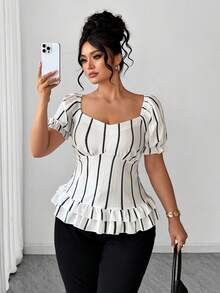 Elenzga 大码女式束腰条纹印花优雅宫廷风衬衫，女士休闲短袖上衣 - 黑與白 - 查看 4