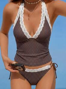 Swim Mod Women's Polka Dot Lace Trim Tie Front Tankini Swimwear Set, Cute Beach Music Style, Spring/Summer - Multicolor - View 1