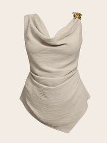 Auralis 大码女式不对称领口垂褶褶皱腰身性感优雅OL上衣，金属纽扣装饰，时尚通勤，优雅性感，适合度假、海滩、夏威夷等场合。垂褶领口设计，轻盈柔软舒适，休闲透气，金属扣装饰，优雅通勤上衣，腰部褶裥设计，显瘦效果 - 杏色 - 查看 1