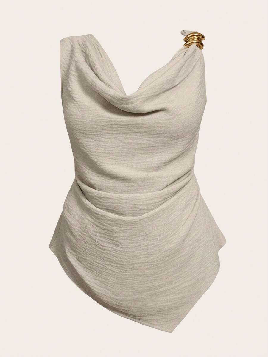 Auralis 大码女式不对称领口垂褶褶皱腰身性感优雅OL上衣，金属纽扣装饰，时尚通勤，优雅性感，适合度假、海滩、夏威夷等场合。垂褶领口设计，轻盈柔软舒适，休闲透气，金属扣装饰，优雅通勤上衣，腰部褶裥设计，显瘦效果 - 杏色 - 查看 1