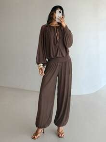 Aloruh Women's Elegant Sexy Fashionable High-End Romantic Date Beach Vacation Sheer Deep V Waist Tie Long Sleeve Mesh Lantern Jumpsuit, Spring/Summer - Brown - View 4