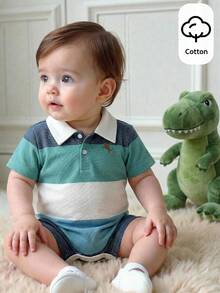 SHEIN Newborn Baby Boy Bright Blue Summer Casual Family Matching Knitted Letter Color Block Romper For Birthday,Wedding,Baptism,Baby Shower & Celebration - Multicolor - View 3
