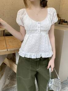 DAZY Women's Korean Style Delicate Summer Puff Sleeve Short Sleeve Slim Fit Blouse - White - View 5