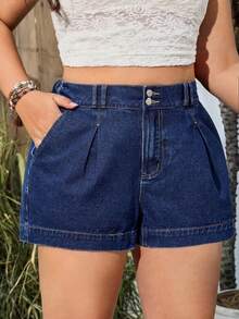 EMERY ROSE Plus Size Women Pocketed Pleated Loose Denim Shorts - Dark Wash - View 3