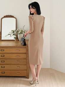 DAZY Women's Square Neck Mid-Sleeve Fitted Waist Midi Dress, Elegant For Commuting Sundress - Apricot - View 5