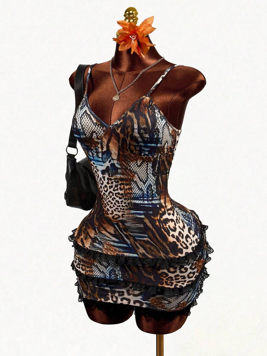 Mistrie Vestido corto de mujer con tirantes de espagueti, con estampado de leopardo y encaje, adecuado para vacaciones, citas, salidas y fiestas - Multicolor - Ver 1