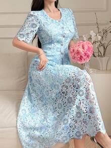 DAZY Women's Elegant Floral Lace Round Neck Pocket Shirt & Skirt 2 Pieces Set, Summer - Blue - View 3