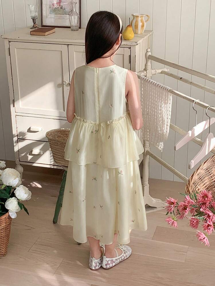 Tween Girl Ditsy Floral Patchwork Ruffle Hem Sleeveless Cute Dress