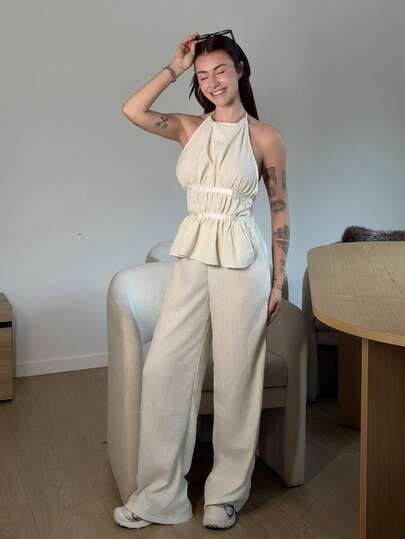 Abrilcols 法式宽松纯色腰系带吊带上衣，飘逸休闲阔腿裤，时尚女士两件套