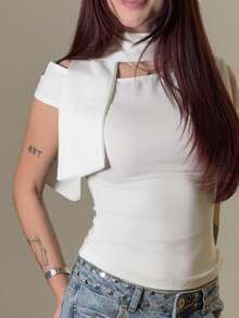 Abrilcols Elegant Asymmetric Neck Tie Shoulder Women Top, Suitable For Casual Dating, Nightclub Party, Daily, Fall - White - View 5