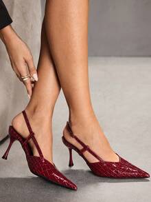 CUCCOO SZL Women's Pointed Toe Burgundy Patent Leather Stone Texture Lace-Up Backless Sexy Stiletto High Heel Sandals, Suitable For Dates And Parties - Burgundy - View 5