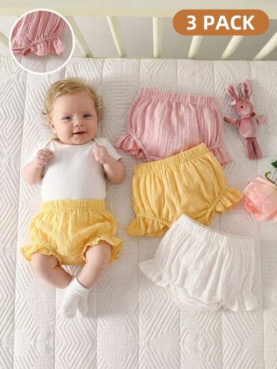 3件套新生儿夏季纯棉灯笼裤，松紧腰带荷叶边裤脚花卉装饰纯色短裤，婴儿服装套装