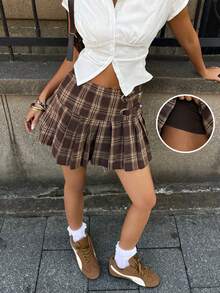 Coolane Women's Plaid Pleated Versatile Casual Skirt Pants - Brown - View 3