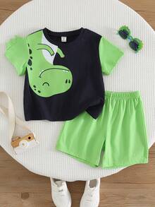 SHEIN Toddler Boy Clothes Cartoon Dinosaur Print Short Sleeve T-Shirt And Shorts 2 Piece Set,Kids Green Summer Outfit For School,Daily Casual,Party,Vacation - Multicolor - View 4