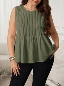 SHEIN LUNE Áo tank top không tay cổ tròn màu trơn, cỡ lớn, kiểu dáng thường ngày - xanh quân đội - Xem 2