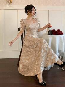 DAZY Women's Elegant Floral Textured Square Neck Puff Sleeve Midi Dress, Summer - Apricot - View 9