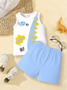 2pcs/Set Baby Boy Casual Cute Cartoon Dinosaur Print Vest Top And Solid Color Shorts Outfit, Blue & White Dinosaur Summer Set - Multicolor - View 3