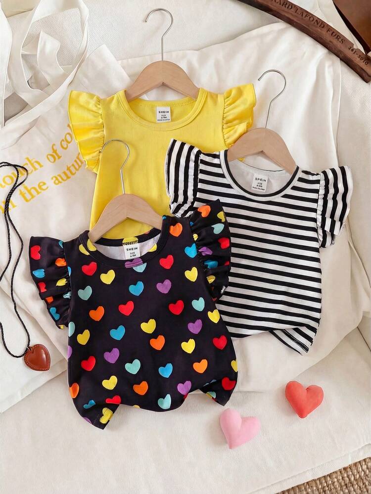 SHEIN Playful Pals 3 pièces/set Top t-shirt col rond avec volants à rayures de cœurs colorés, doux et confortable, décontracté et mignon, nouvelle arrivée printemps/été - Multicolore - Voir 5