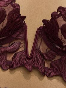 2件套法式经典黑色V领文胸套装 - 中紫紅色 - 查看 5