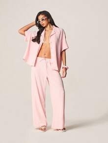 MISSGUIDED Relaxed Fit Linen Feel Look Wide Leg Beach Cover Up Trousers With Drawstring Waist And Side Pockets For Summer Vacation - Pink - View 4