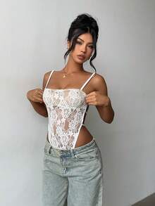Aloruh White Lace Backless Spaghetti Strap Bodysuit, Fitted & Fashionable - White - View 4