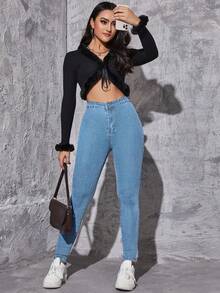 Flexra Jeans casuales de talle alto y corte slim con lavado - Lavado ligero - Ver 4