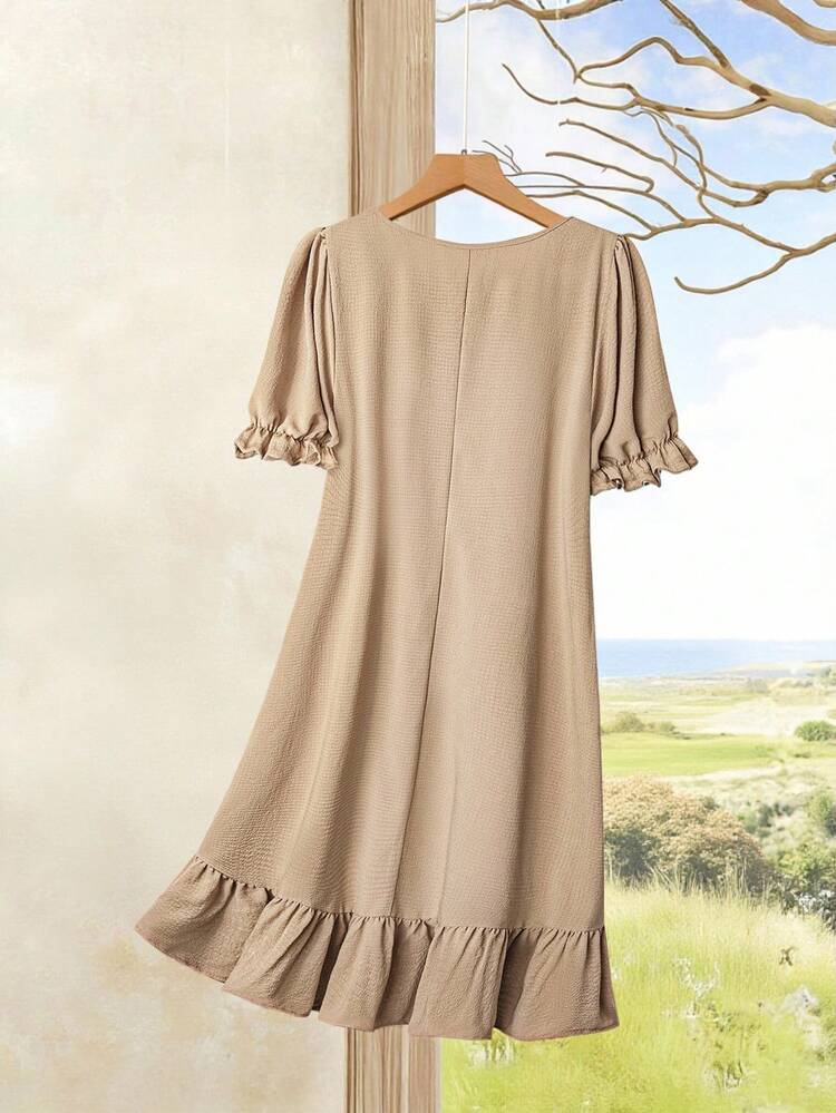Plus Size Women Summer Solid Color Round Neck Short Sleeve Ruffled Khaki Casual Dress,Gifts For Mother,Summer Holiday,Vacation Outfits Women,Simple And Fashionable For Everyday Wear,Vacay Vibes,Springbreak,Casual Wear SS,Bohemia,Summer Dresses For Women,Dresses Casual