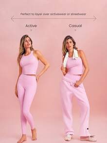 GLOWMODE Ribbed Pima Cotton Crush Mode Waist Length Slim Fit Racerback Tank Top Daily Casual Wear - Pink - View 9