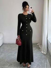 Modelyn Đầm dài màu đỏ tía thanh lịch với cổ áo oval dành cho nữ, thích hợp cho mùa đông. - màu đen - Xem 5