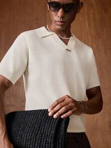 AKNOTIC Business Casual 男士夏季休闲纯色短袖针织上衣 - 杏色 - 查看 6