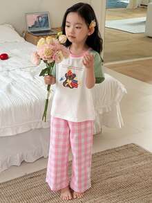 DAZY 2pcs/Set Girls (Small) Round Neck Knit Printed Short Sleeve T-Shirt & Plaid Long Pants Casual Outfit - Multicolor - View 6