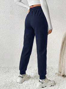 EURMUSE Solid Drawstring Waist Black Sweatpants - Navy Blue - View 2