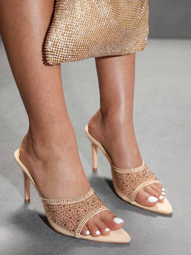 CUCCOO SZL Women Shoes Summer New Apricot Mesh Rhinestone Women's High-Heeled Sandals Fashion Gorgeous Sexy Party Women's Sandals Slippers Spring Shoes Prom Heels