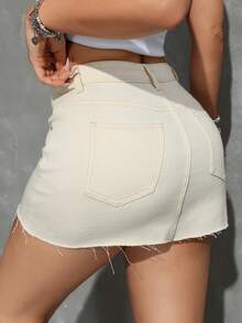 SHEIN PETITE Summer Casual Solid Color Mini Denim Skirt - Apricot - View 2