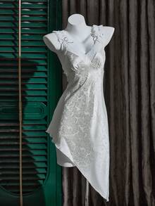 成熟性感缎面提花吊带裙 - 杏色 - 查看 7