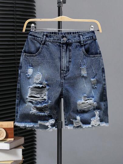 SHEIN Coolqubz Pantalones cortos vaqueros azul claro desgastados de corte slim con estilo callejero moderno para niños preadolescentes, versátiles para uso casual diario