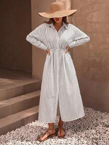 Casual Style Effortless, Linen Look Button Through And Drawstring Belt Detailed Maxi Shirt Dress - Multicolor - View 4