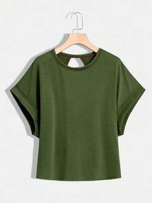 SHEIN Essnce 大码女装春夏时尚休闲舒适宽松日常粉色露背短袖T恤，夏季女装，外出上衣，Y2K风格，演唱会女装，露背上衣，街头风，露背上衣，曲线可爱上衣 - 軍綠色 - 查看 2