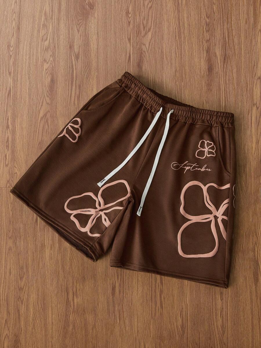 TOKVUE Y2K 男士休闲撞色字母印花抽绳腰短裤，男士印花运动短裤，男友礼物，圣诞礼物，高品质男士短裤，街头风长裤，适合嘻哈派对 - 咖啡棕 - 查看 1