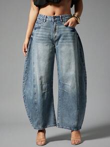 Denimoi 女士口袋喇叭休闲宽松牛仔裤 - 藍色 - 查看 1