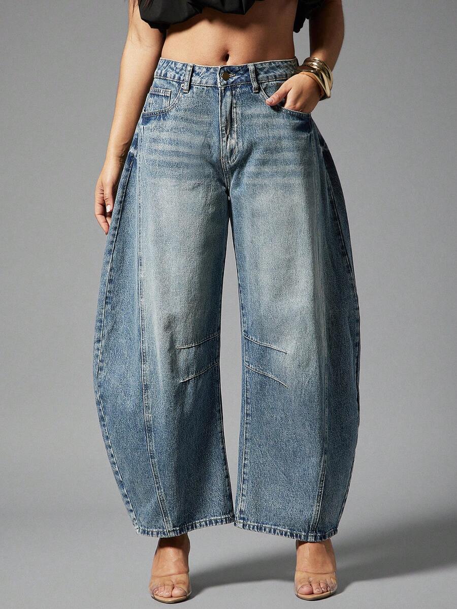 Denimoi 女士口袋喇叭休闲宽松牛仔裤 - 藍色 - 查看 1