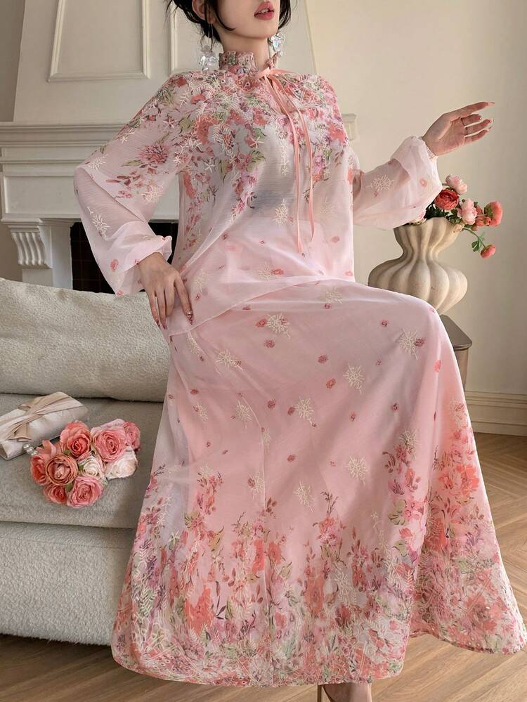 Spring & Summer Ditsy Floral Tie Neck Blouse And A-Line Skirt Set, Elegant For Valentine's Day, Wedding, Party, Formal Occasion, Fashion, Slim Fit