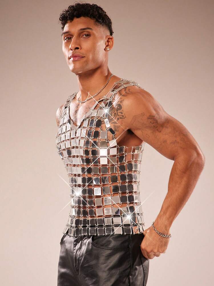 FeverCity Men's Sequin Patchwork Sleeveless Crew Neck Tank Top