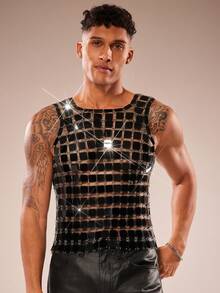 FeverCity Men's Sequin Decor Sheer Crew Neck Tank Top, Suitable For Parties And Gatherings - Black - View 4