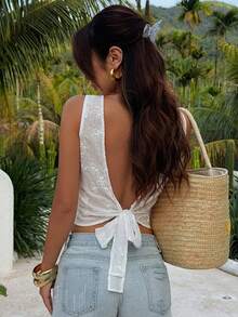 DAZY Áo tank top mùa hè dáng ôm, cổ tròn, không tay, hở lưng, thắt nơ, chất liệu jacquard có họa tiết dành cho nữ. - trắng - Xem 1