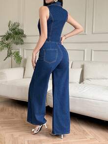 DAZY Women's Casual Washed Denim Suit, Vest With Fake Pockets And Wide Leg Pants, Summer - Medium Wash - View 2